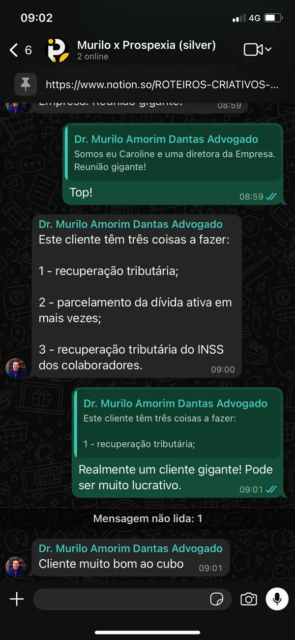 Conversa sobre o cliente do Dr. Murilo com casos de recuperação tributária, parcelamento de dívida ativa e recuperação tributária do INSS